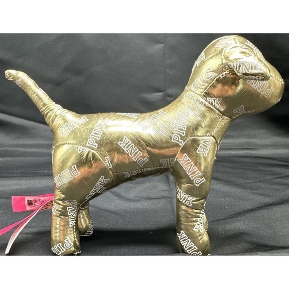 Victoria's Secret PINK Dog Plush Stuffed Animal Metallic Gold White Text 7” - Picture 3 of 6